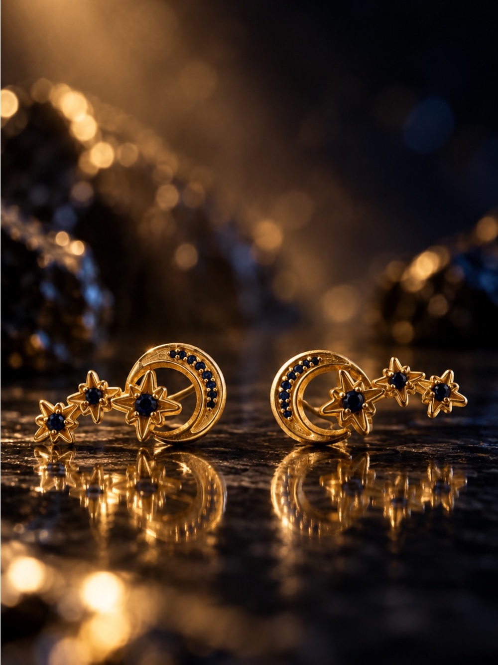 Julie Vos Gold Moon & Star Earrings with Blue Stones